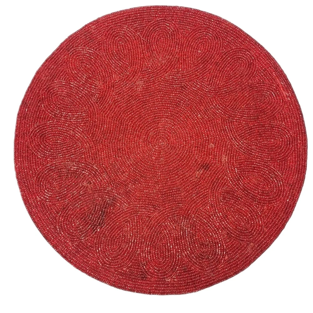Red Handmade Spiral Beaded Placemat Beaded Table Mat Round Set 4
